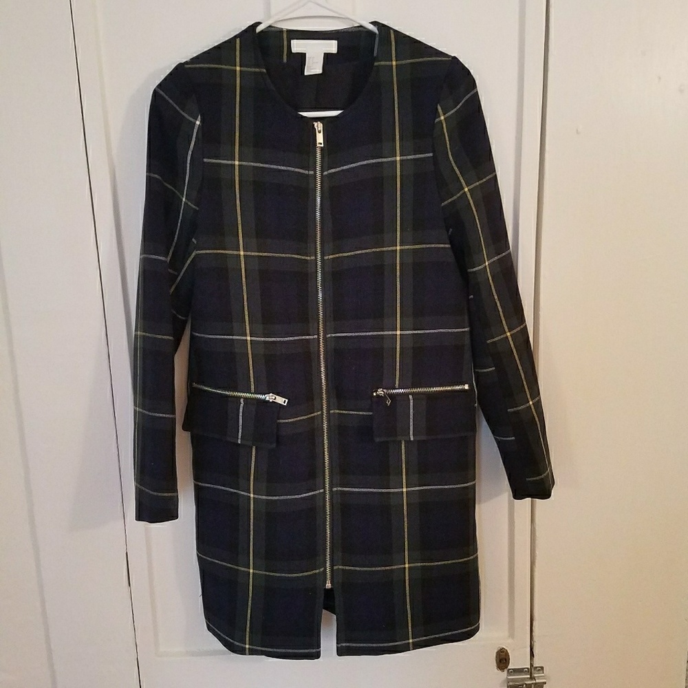 Lightweight Plaid Spring Overcoat with Gold Detail